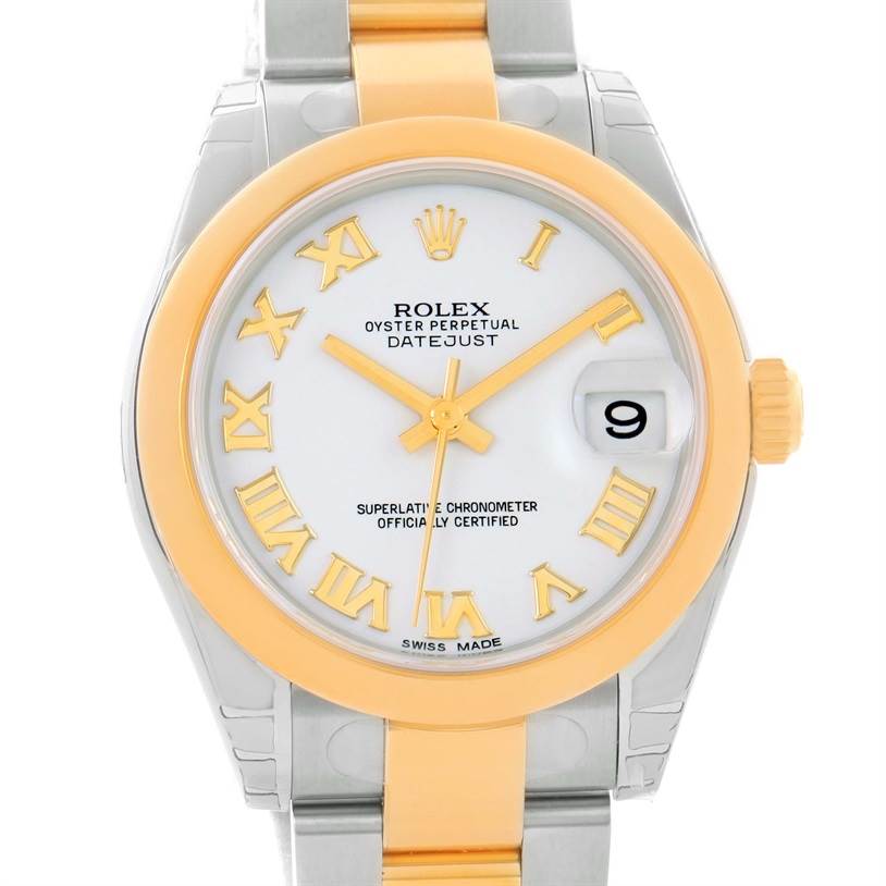 The image shows a front-facing view of a Rolex Datejust Mid-Size watch with a two-tone band and Roman numeral markers.
