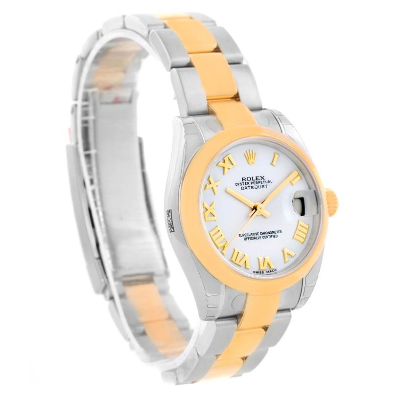 The Rolex Mid-Size 178243WRO Women's Stainless Steel White Dial 178243WRO Women's Stainless Steel White Dial Datejust watch is shown at a slight side angle, highlighting its yellow gold and stainless steel bracelet and white dial.