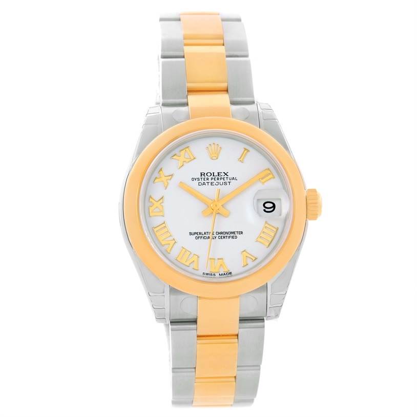 This image shows a front view of a Rolex Mid-Size 178243WRO Women's Stainless Steel White Dial 178243WRO Women's Stainless Steel White Dial Oyster Perpetual Datejust watch, featuring a two-tone band and white dial with gold Roman numerals.