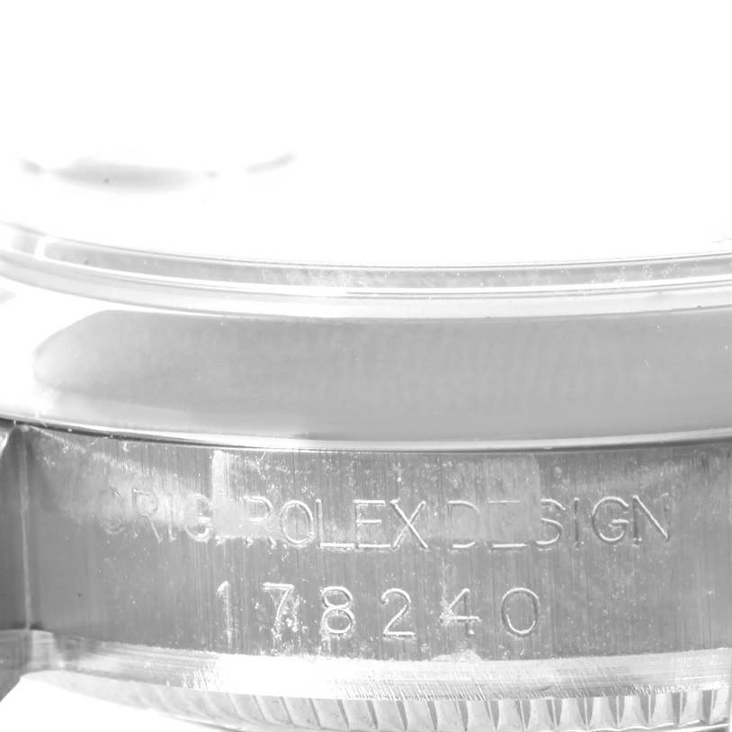The image shows the side engraving of a Rolex Mid-Size 178240 Women's Stainless Steel White Dial 178240 Women's Stainless Steel White Dial model (178240), displaying the case edge with "ORIG. ROLEX DESIGN."