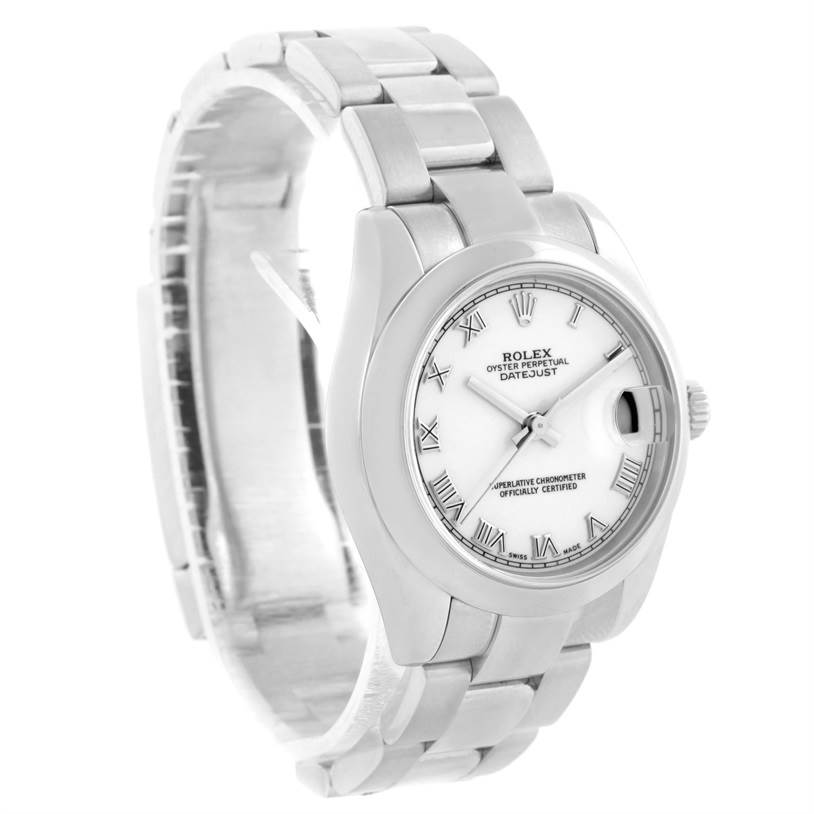 The image shows a side and front angle of the Rolex Mid-Size 178240 Women's Stainless Steel White Dial 178240 Women's Stainless Steel White Dial Datejust watch, highlighting its bracelet, dial, and case.