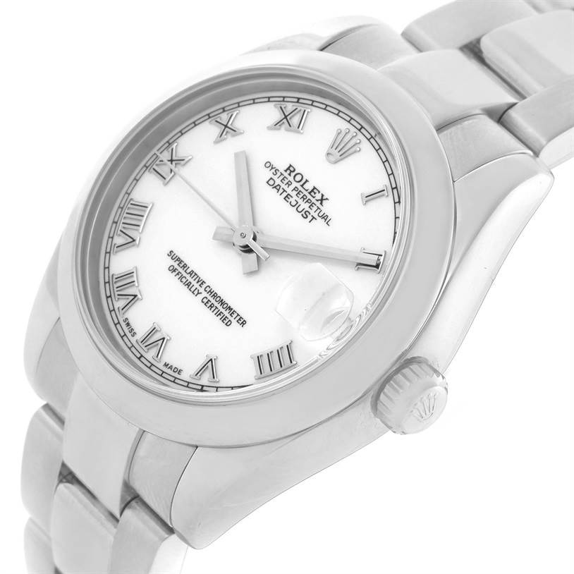 This Rolex Mid-Size 178240 Women's Stainless Steel White Dial 178240 Women's Stainless Steel White Dial Datejust watch is shown from a top angle, highlighting its face, bracelet, and crown details.