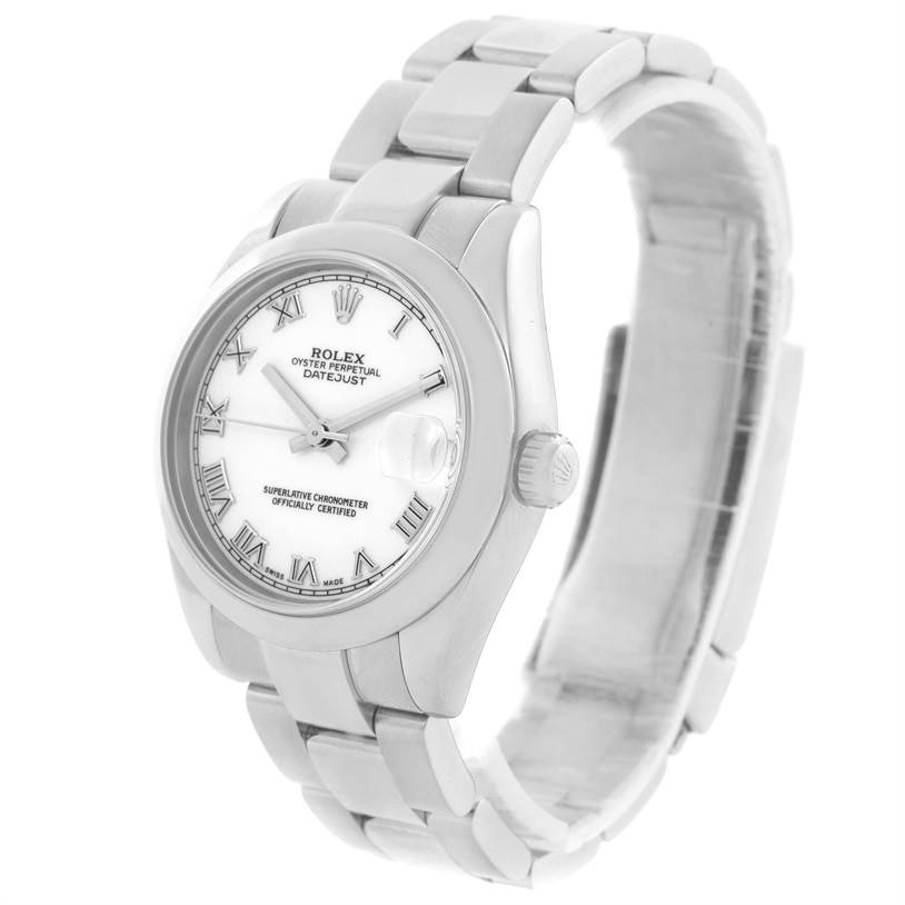 This image shows a Mid-Size Rolex Datejust watch angled to display the face, bezel, crown, and bracelet.