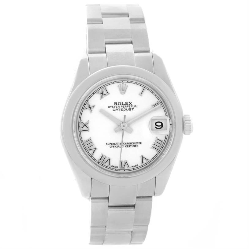 The image shows the front view of the Rolex Datejust Mid-Size watch, including the bezel, dial, bracelet, and crown.