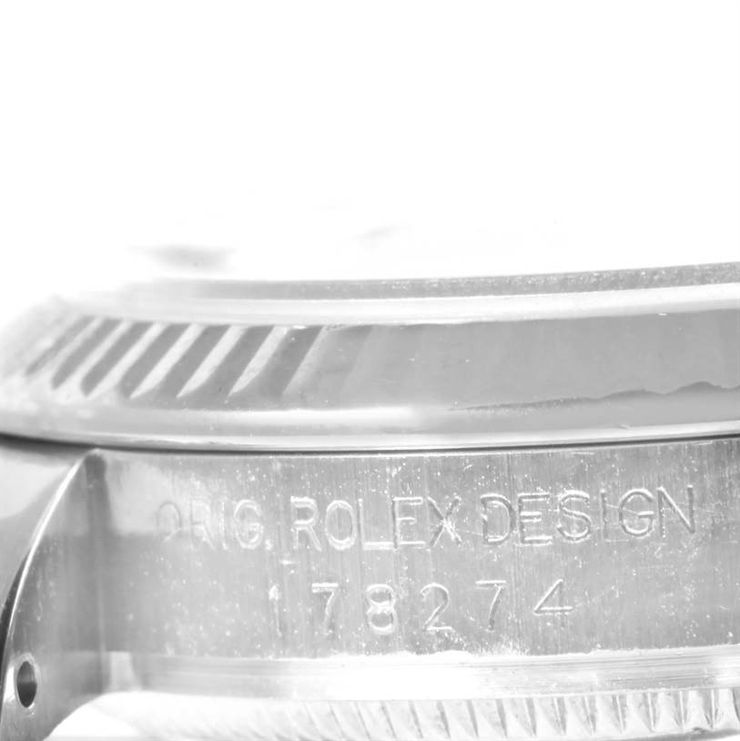 The image shows a close-up side view of a Mid-Size Rolex watch with the engraved text "ORIG. ROLEX DESIGN 178274."