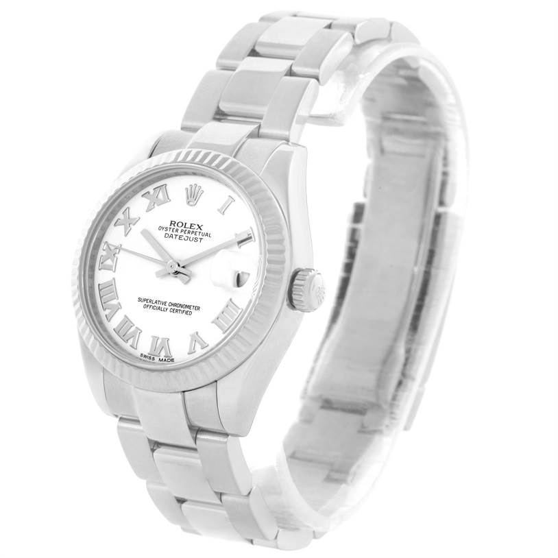 This image shows a Rolex Oyster Perpetual Datejust Mid-Size model watch, featuring the face, bezel, crown, and bracelet from a three-quarter angle.