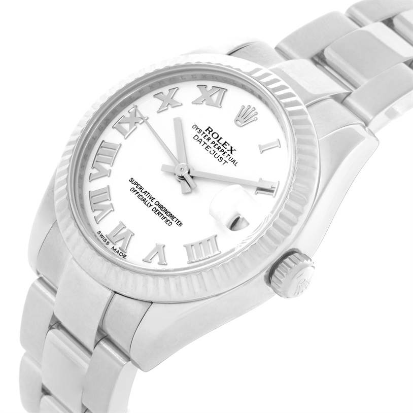 The image shows a Rolex Mid-Size 178274 Women's Stainless Steel White Dial 178274 Women's Stainless Steel White Dial Oyster Perpetual Datejust watch from an angled top view, highlighting the face, bezel, crown, and part of the bracelet.