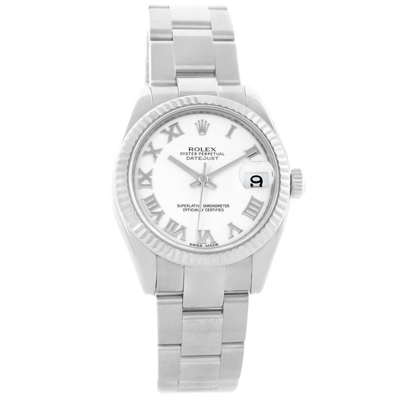 The image shows a front view of the Rolex Mid-Size 178274 Women's Stainless Steel White Dial 178274 Women's Stainless Steel White Dial Datejust watch, displaying its dial, bezel, and bracelet.
