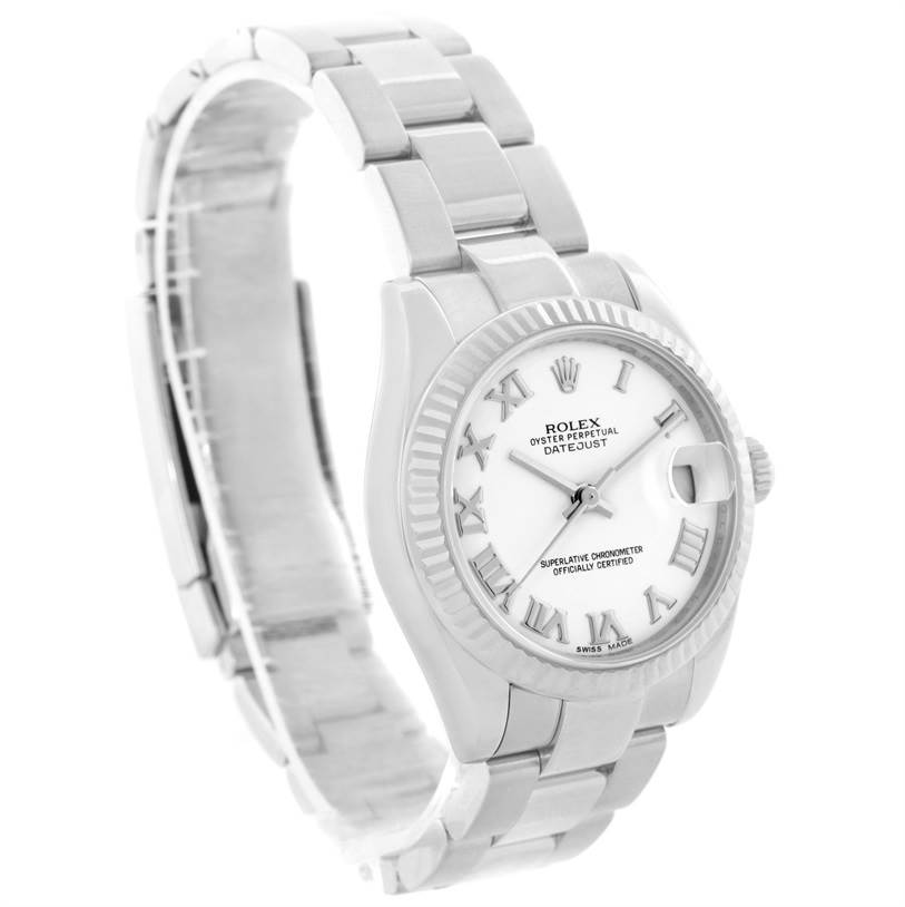 The image shows a side and front view of a Rolex Mid-Size 178274 Women's Stainless Steel White Dial 178274 Women's Stainless Steel White Dial Oyster Perpetual Datejust watch, highlighting its dial, bezel, bracelet, and clasp.