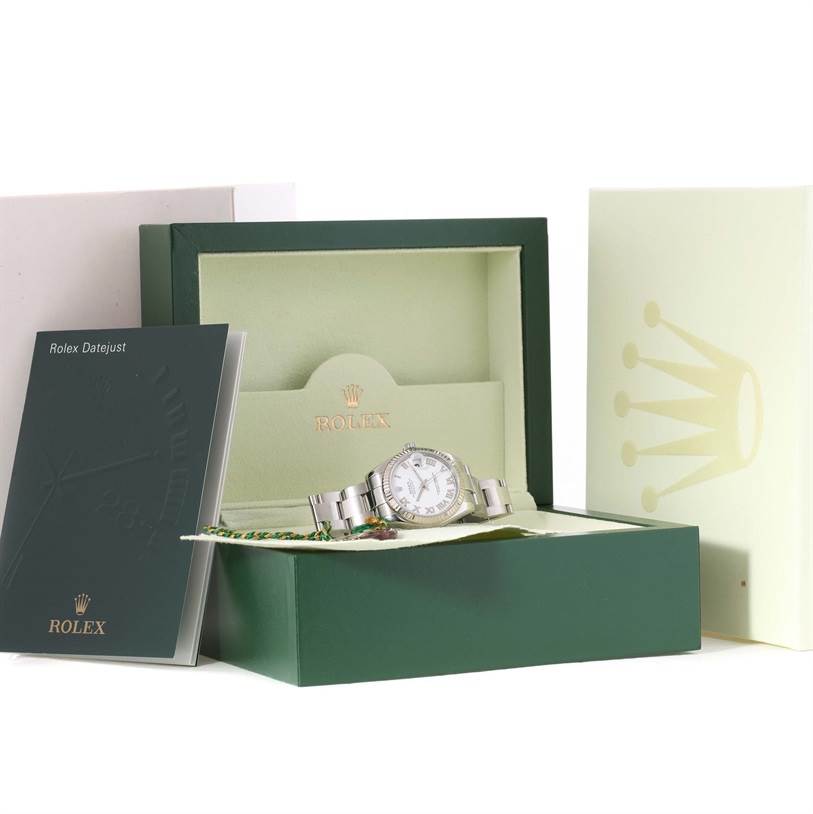 The image shows a Rolex Datejust Mid-Size watch displayed in its open box with booklets and packaging.