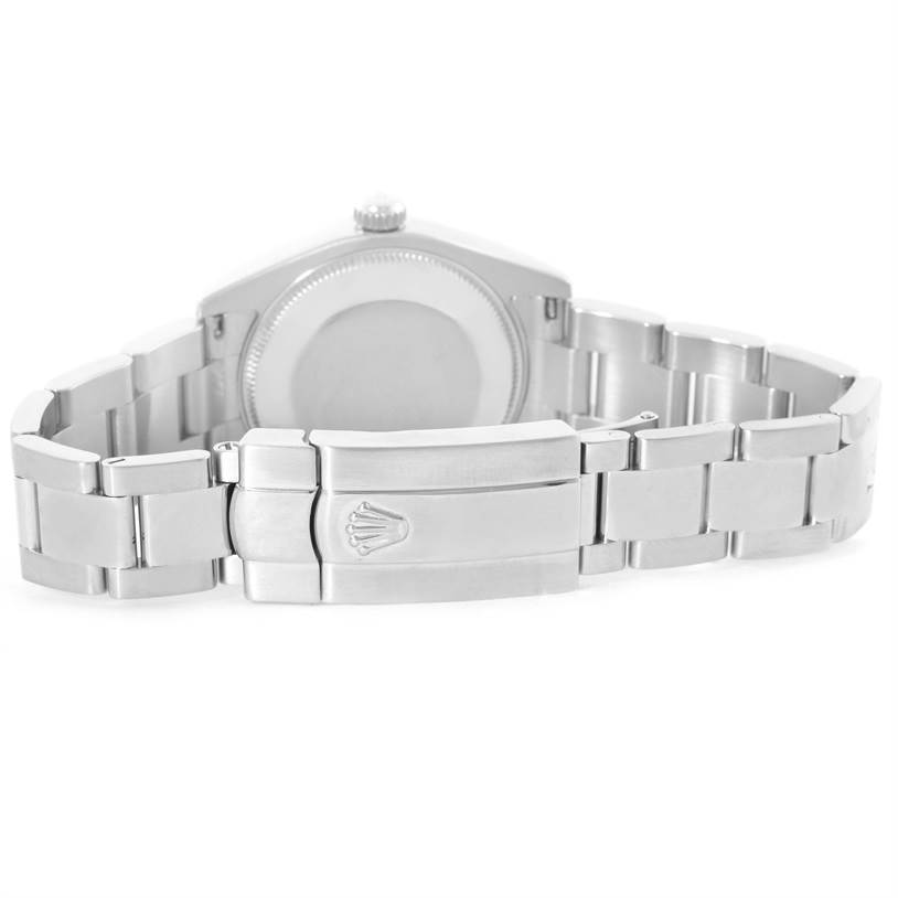 This image shows the back view of a Rolex Mid-Size 178274 Women's Stainless Steel White Dial 178274 Women's Stainless Steel White Dial watch, highlighting the clasp and bracelet.
