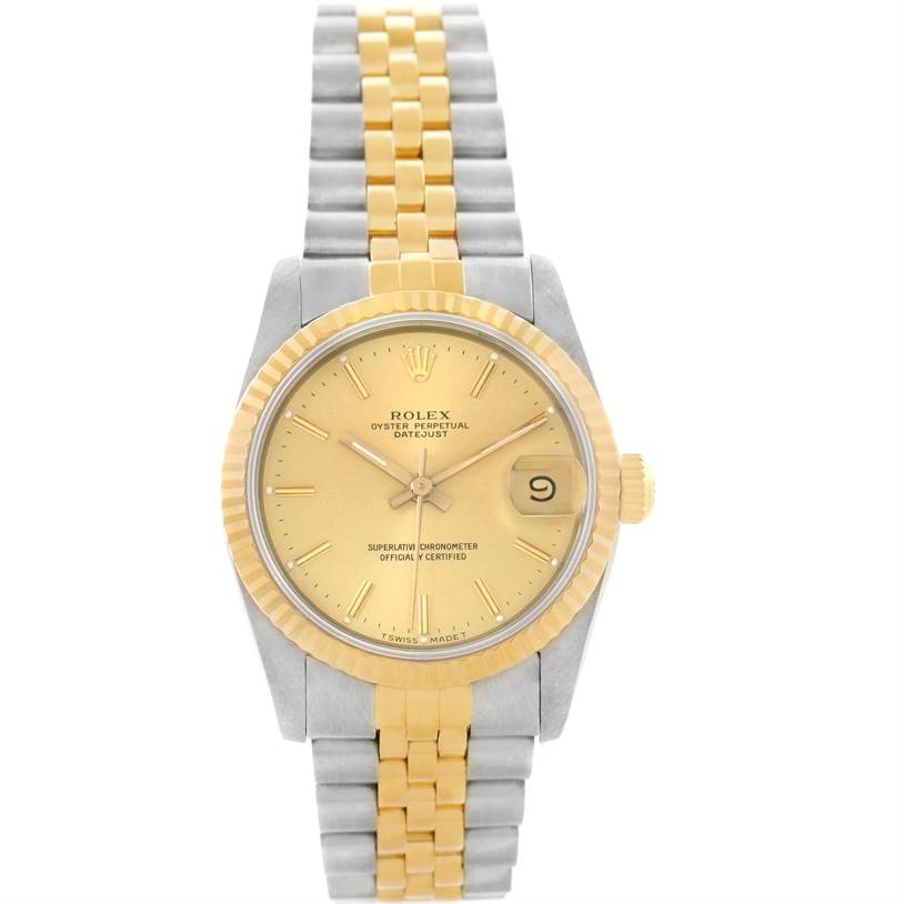 The Rolex Mid-Size 68273 Women's Steel and Gold (two tone) Champagne Dial 68273 Women's Steel and Gold (two tone) Champagne Dial model watch is shown from the front, displaying the dial, bezel, case, and bracelet.