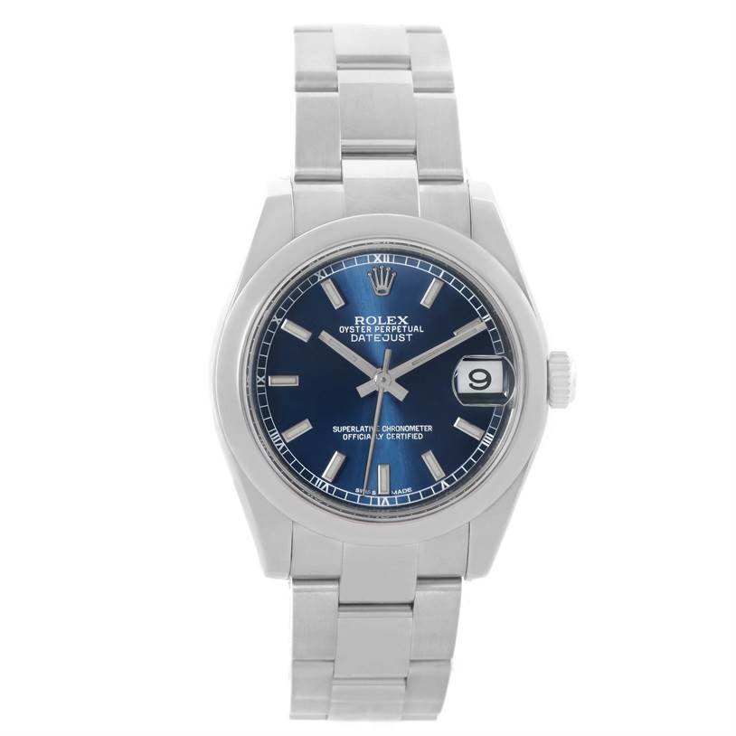 The Rolex Mid-Size 178240BLSO Women's Stainless Steel Blue Dial 178240BLSO Women's Stainless Steel Blue Dial Oyster Perpetual Datejust watch is shown from the front, displaying the face, bezel, and stainless steel bracelet.