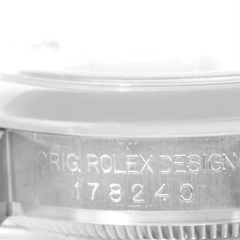 The image shows a close-up of the case side, bezel, and serial number of a Mid-Size Rolex watch model 178240.