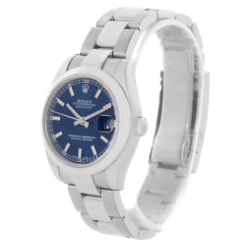 This image shows a Rolex Mid-Size 178240BLSO Women's Stainless Steel Blue Dial 178240BLSO Women's Stainless Steel Blue Dial Oyster Perpetual Datejust watch displayed at a 3/4 angle, highlighting the bracelet, crown, and blue dial.