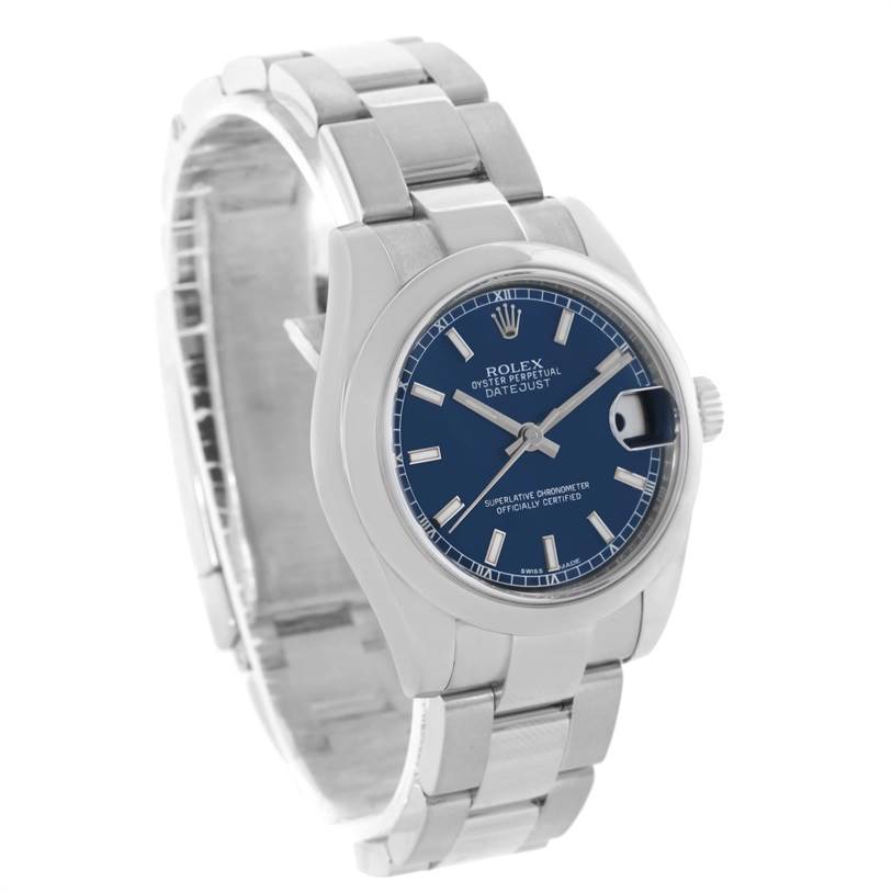 The image shows a Rolex Mid-Size 178240BLSO Women's Stainless Steel Blue Dial 178240BLSO Women's Stainless Steel Blue Dial Oyster Perpetual Datejust watch from an angled top view, highlighting the watch face and bracelet.