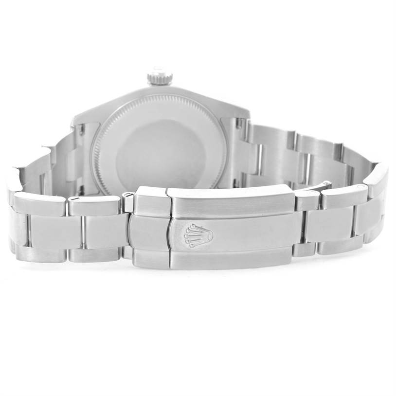 The image shows the rear view of a Rolex Mid-Size 178240BLSO Women's Stainless Steel Blue Dial 178240BLSO Women's Stainless Steel Blue Dial model watch focusing on the case back and the clasp.