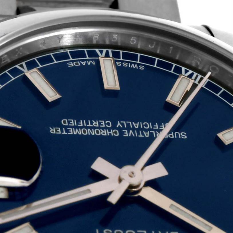 This image shows a close-up of the Rolex Mid-Size 178240BLSO Women's Stainless Steel Blue Dial 178240BLSO Women's Stainless Steel Blue Dial model, featuring the dial, hands, and part of the bezel.