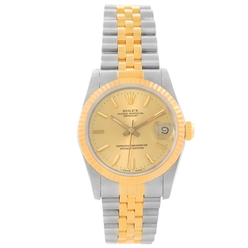 This image shows a frontal view of a Rolex Mid-Size 68273 Women's Steel and Gold (two tone) Champagne Dial 68273 Women's Steel and Gold (two tone) Champagne Dial Oyster Perpetual Datejust watch with a gold and silver bracelet.