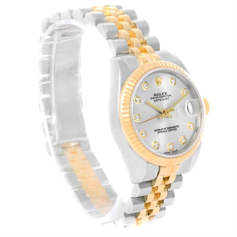 This image shows a Rolex Mid-Size 178273 Women's Steel and Gold (two tone) Silver Dial 178273 Women's Steel and Gold (two tone) Silver Dial Datejust, featuring a silver and gold jubilee bracelet, diamond hour markers, and a fluted bezel.