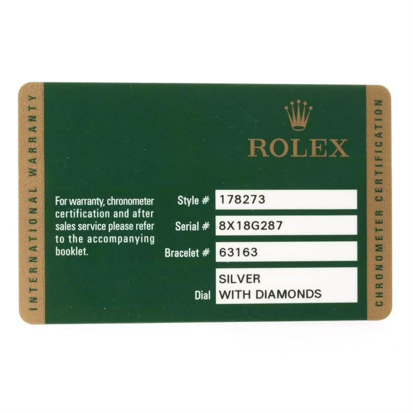 The image shows a warranty card for a Mid-Size Rolex watch, displaying the style, serial, bracelet numbers, and dial details.