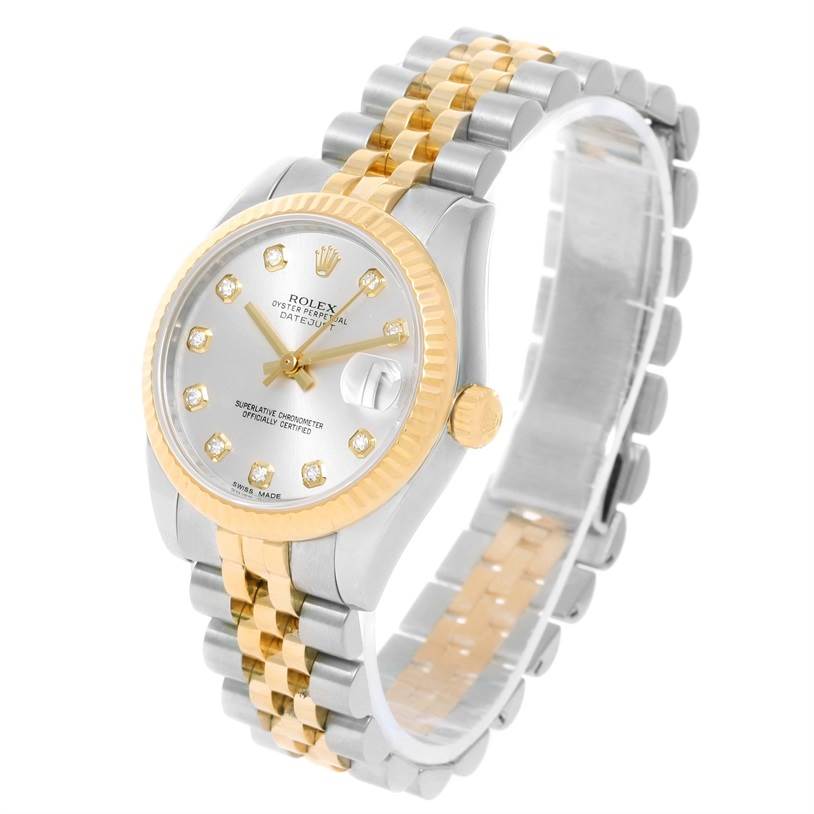 The Rolex Mid-Size 178273 Women's Steel and Gold (two tone) Silver Dial 178273 Women's Steel and Gold (two tone) Silver Dial model watch is shown at a three-quarter angle, highlighting its gold bezel, dial, and two-tone bracelet.