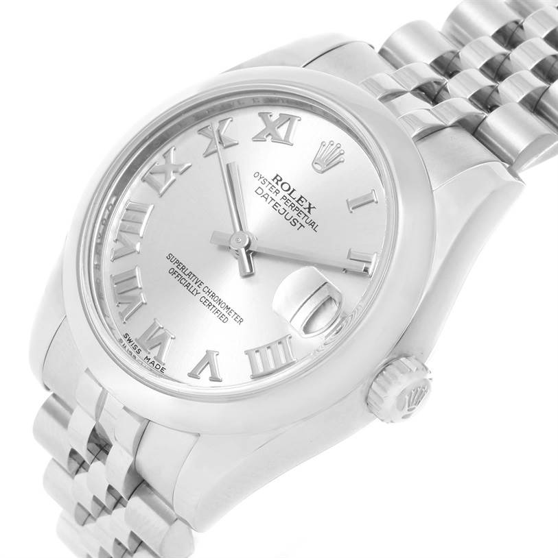 The image shows a Rolex Mid-Size 178240SRJ Women's Stainless Steel Grey Dial 178240SRJ Women's Stainless Steel Grey Dial Datejust watch from a slight angle, capturing the dial, case, bracelet, and crown.