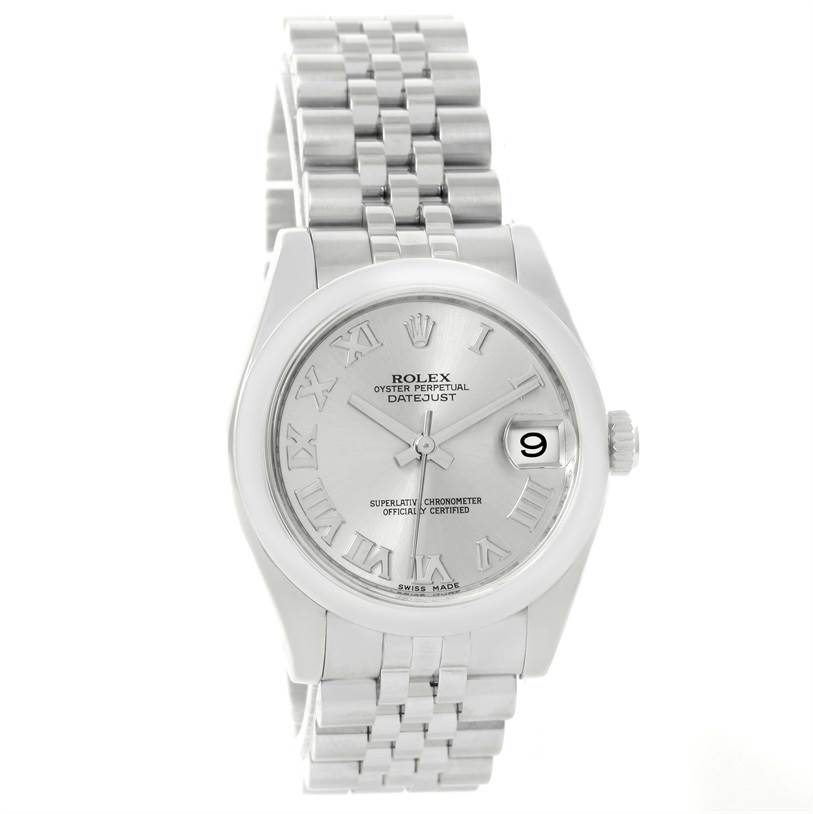 The Rolex Datejust Mid-Size watch is shown from the front, displaying its dial, bracelet, and crown.