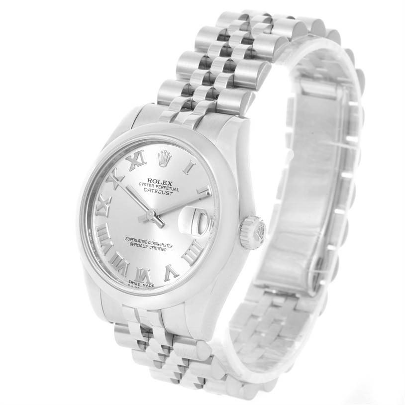 This image shows a Rolex Datejust Mid-Size model watch from a front angle, displaying the dial, bezel, bracelet, and crown.