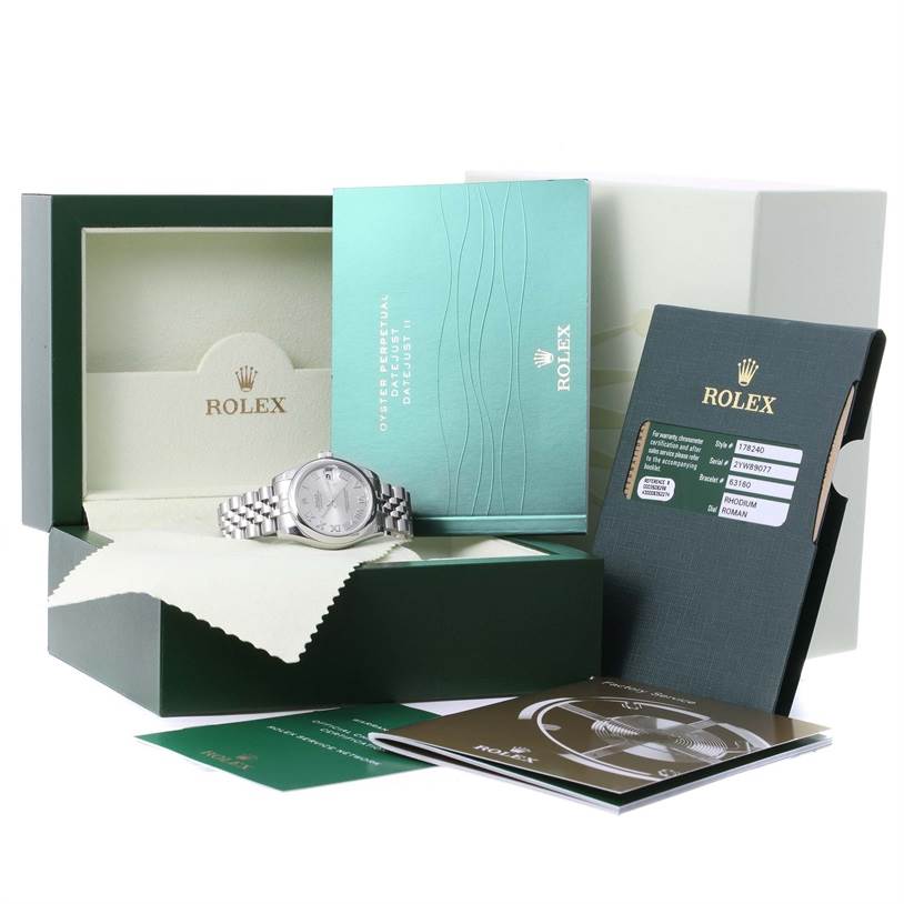 The image shows a boxed Rolex Mid-Size 178240SRJ Women's Stainless Steel Grey Dial 178240SRJ Women's Stainless Steel Grey Dial model watch with warranty card, manuals, and original packaging from a front angle.