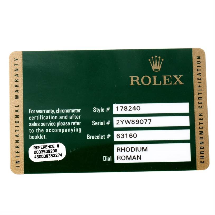 This image shows the warranty card for a Rolex Mid-Size 178240SRJ Women's Stainless Steel Grey Dial 178240SRJ Women's Stainless Steel Grey Dial model, featuring style, serial, and bracelet numbers, and dial information.