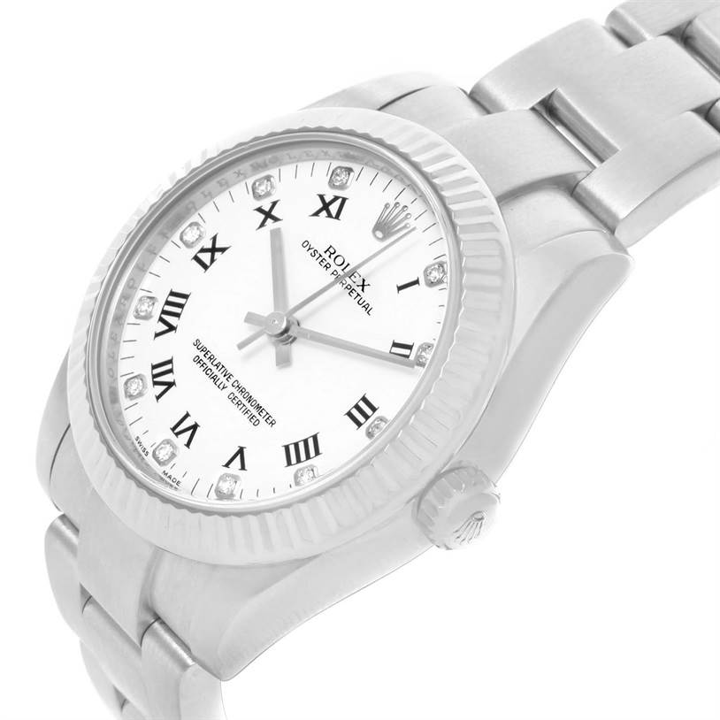 This view of the mid-size Rolex Oyster Perpetual watch shows the face, bezel, crown, and part of the band.