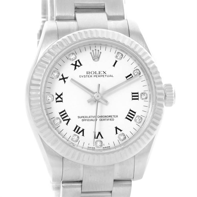 The image shows a front angle of a Rolex Mid-Size 177234WRDO Women's Stainless Steel White Dial 177234WRDO Women's Stainless Steel White Dial Oyster Perpetual watch highlighting its face, bezel, and part of the bracelet.