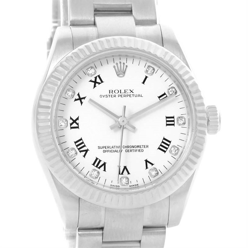 The image shows a front angle of a Rolex Mid-Size Oyster Perpetual watch highlighting its face, bezel, and part of the bracelet.