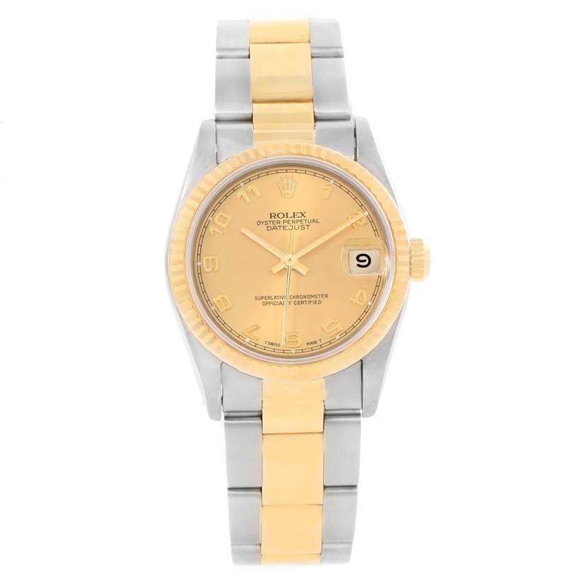 This Rolex Mid-Size 68273 Women's Steel and Gold (two tone) Champagne Dial 68273 Women's Steel and Gold (two tone) Champagne Dial Oyster Perpetual Datejust watch is shown from a front view, highlighting its two-tone bracelet and dial.