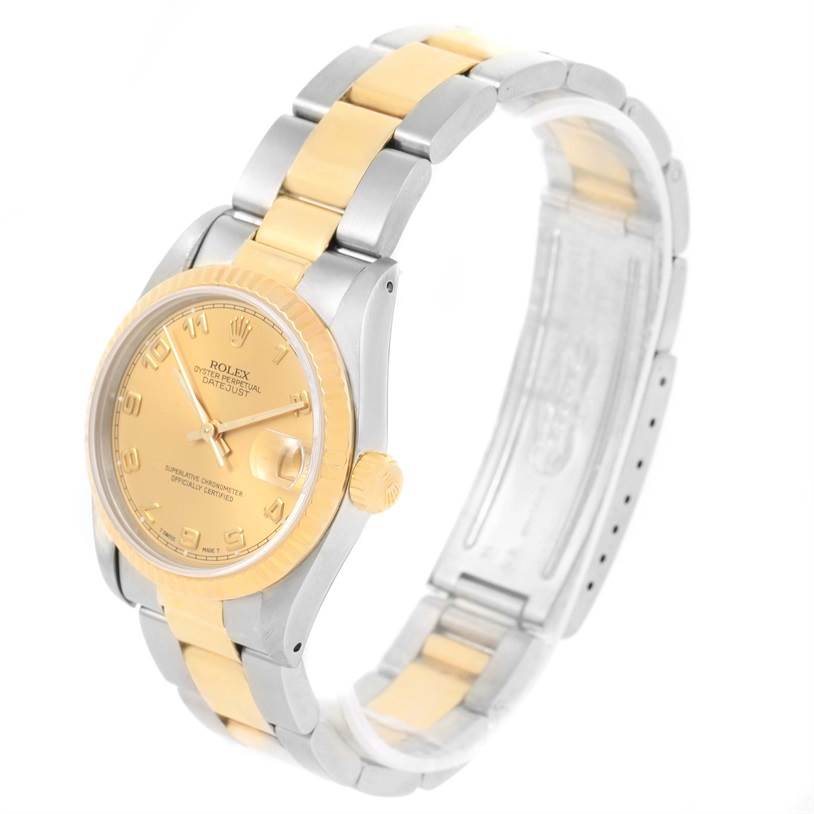 The image shows a Rolex Mid-Size 68273 Women's Steel and Gold (two tone) Champagne Dial 68273 Women's Steel and Gold (two tone) Champagne Dial model watch at a slight angle, displaying the dial, crown, and part of the bracelet.