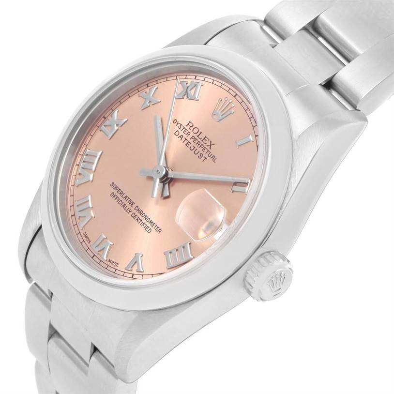 The image shows a side angle of a Rolex Oyster Perpetual Datejust Mid-Size watch, highlighting its rose gold dial and stainless steel bracelet.