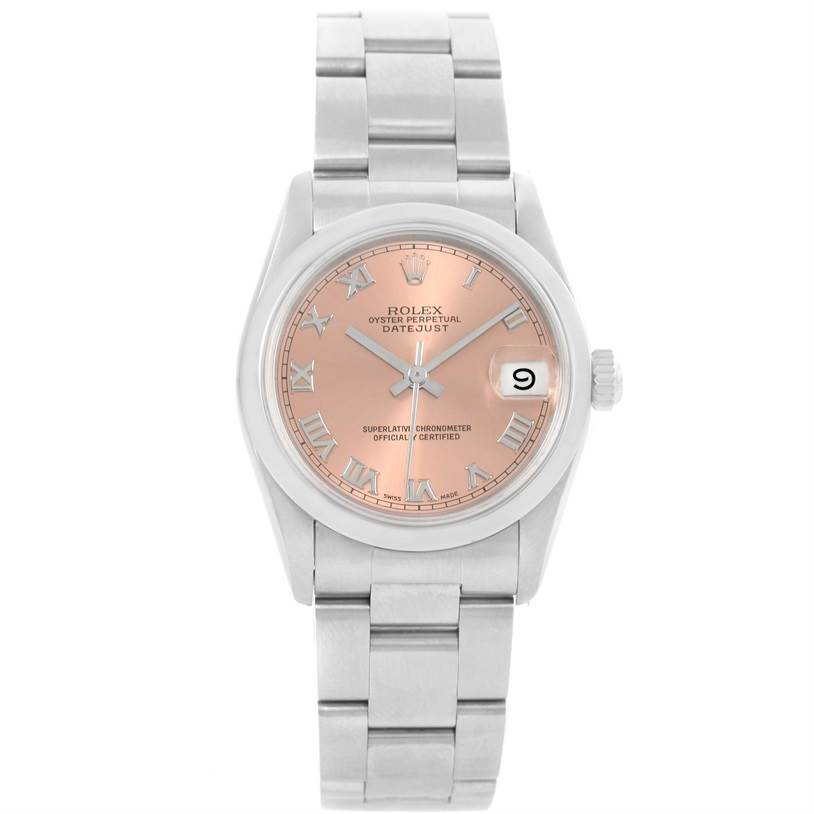 The image shows a front view of a Rolex Mid-Size 68240 Women's Stainless Steel Blue Dial 68240 Women's Stainless Steel Blue Dial Oyster Perpetual Datejust watch, displaying the dial and bracelet.