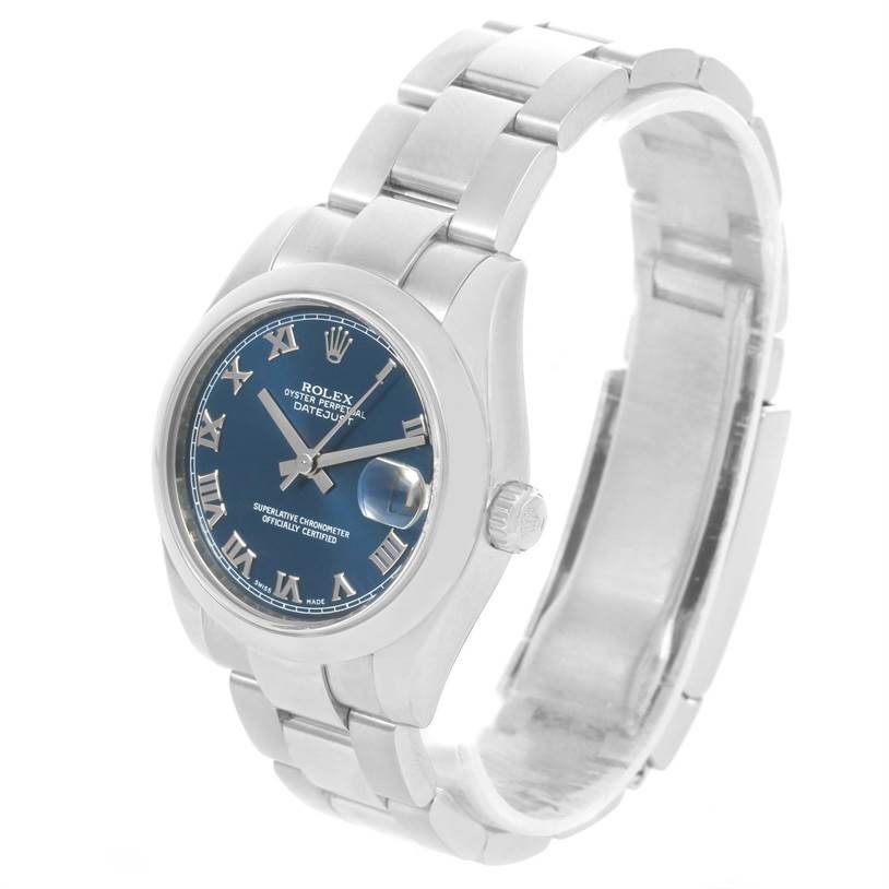 This image shows a Mid-Size Rolex Datejust watch at a three-quarter angle, highlighting the dial, case, crown, and bracelet.