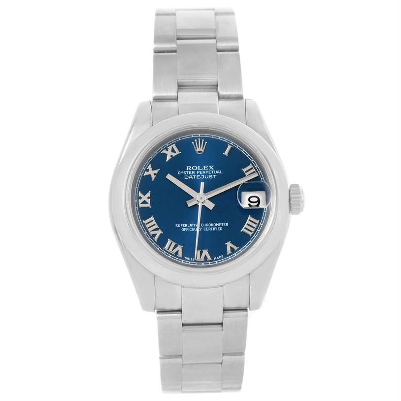 The image shows the front view of a Rolex Oyster Perpetual Datejust Mid-Size watch with a blue dial and stainless steel bracelet.
