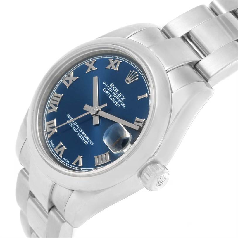 The Rolex Mid-Size 178240 Women's Stainless Steel Blue Dial 178240 Women's Stainless Steel Blue Dial watch is shown at an angled side view, showcasing the face, bezel, crown, and part of the bracelet.