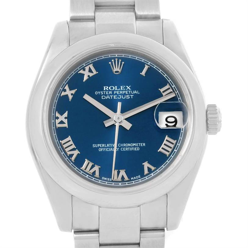 This image shows a front view of a Mid-Size Rolex Oyster Perpetual Datejust with a blue dial and Roman numerals.