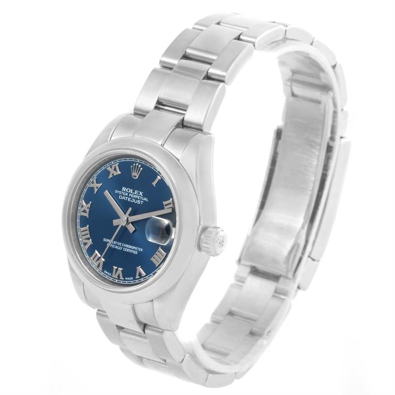 This image shows a Rolex Mid-Size 178240 Women's Stainless Steel Blue Dial 178240 Women's Stainless Steel Blue Dial Datejust watch at a slight side angle, highlighting its face, bezel, crown, and bracelet.