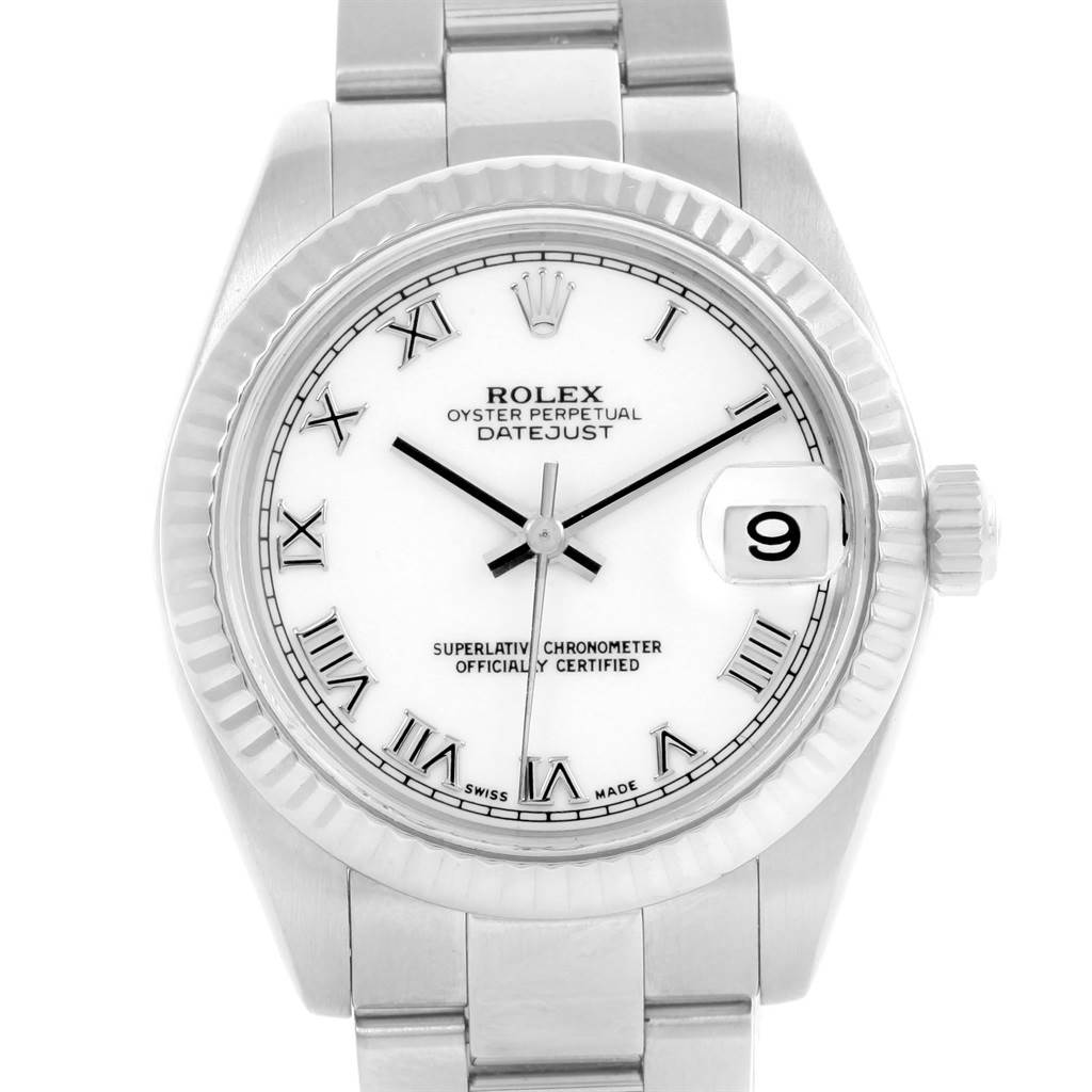 This Rolex Mid-Size 178274 Women's Stainless Steel White Dial 178274 Women's Stainless Steel White Dial Datejust watch is shown from a front angle, displaying its dial, bracelet, crown, and date window.