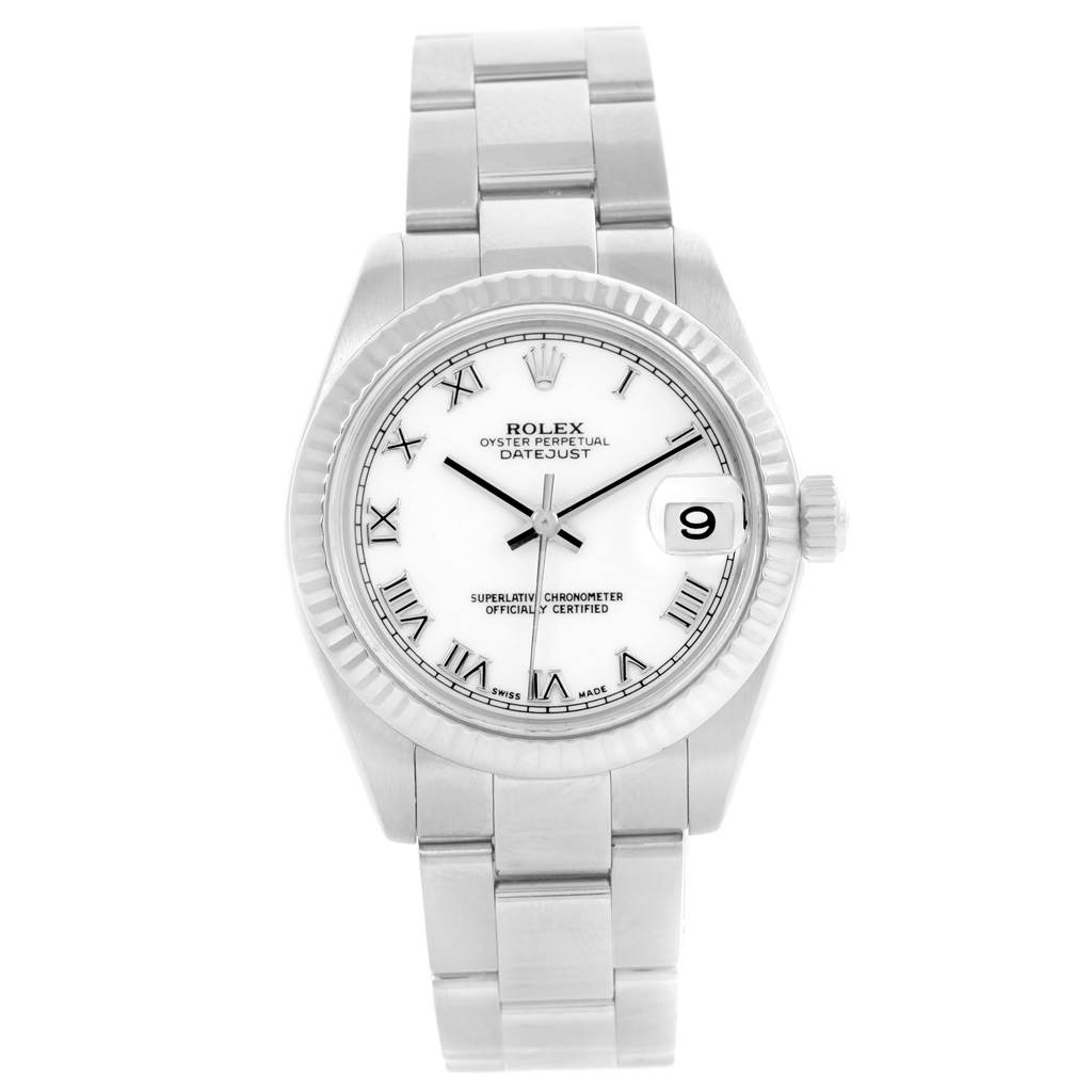 This image shows a front view of a Mid-Size Rolex Oyster Perpetual Datejust watch, displaying the face, bezel, and bracelet.