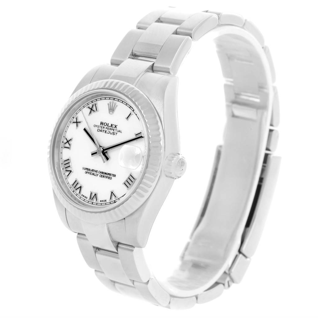 The image shows a Rolex Mid-Size 178274 Women's Stainless Steel White Dial 178274 Women's Stainless Steel White Dial Datejust watch viewed from an angled side perspective, highlighting the dial and bracelet.