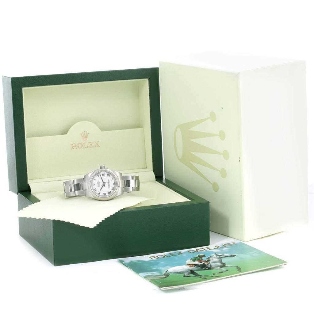 The Rolex Mid-Size 178274 Women's Stainless Steel White Dial 178274 Women's Stainless Steel White Dial watch is displayed in its open box with a booklet and outer packaging shown.