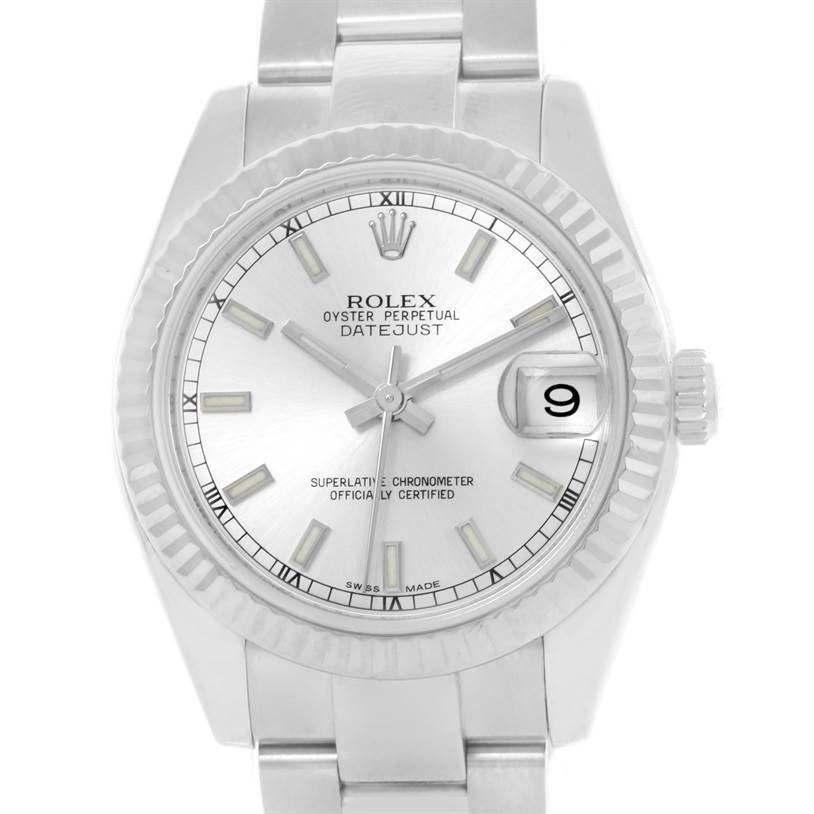 The image shows a front view of the Rolex Datejust Mid-Size watch, showcasing the dial, bezel, and part of the bracelet.