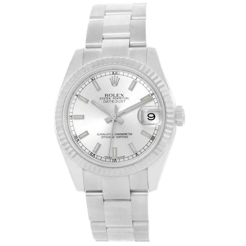 This is a front-facing view of the Rolex Mid-Size 178274 Women's Stainless Steel Silver Dial 178274 Women's Stainless Steel Silver Dial Oyster Perpetual Datejust watch, showing the dial, bracelet, and date display.