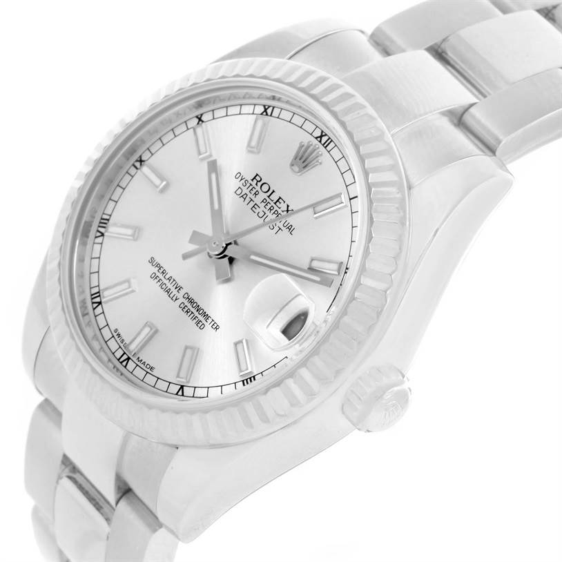 The image shows a Mid-Size Rolex Oyster Perpetual Datejust watch at an angled side view, highlighting the dial, bezel, and part of the bracelet.